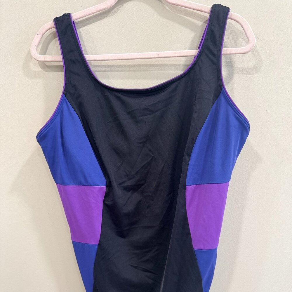 Lands’ End One-Piece Colorblock Swimsuit Black Purple Blue Size 18W